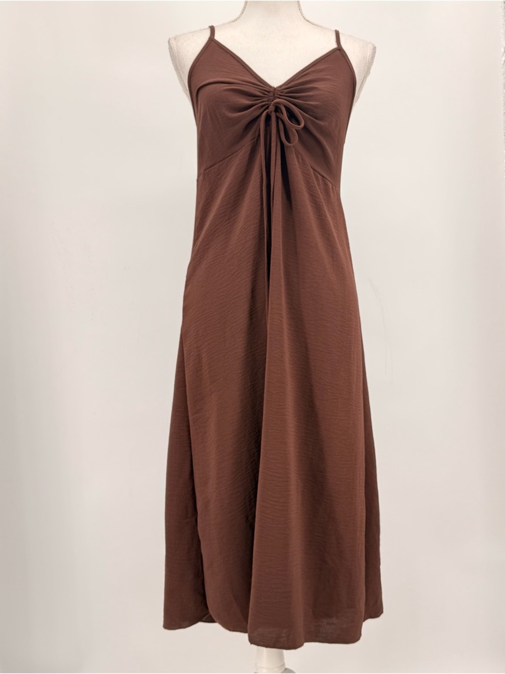 See You Monday Brown Midi Dress Ruched Front Slip Strappy Minimalist M